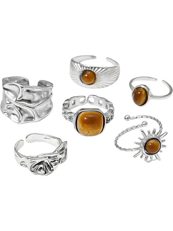 6PCS Gold Tigers Eye Stone Rings Sun Stackable Chunky Gemstone Ring Adjustable Open Statement Rings Prom Fashion Jewelry for Women