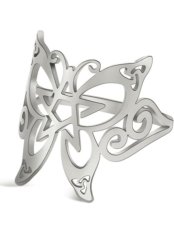 Baroque Butterfly Pentagram Ring Hollow Out Stainless Steel Jewelry Delicate Everyday Statement Accessories Gold, Silver Size 7-10 Rings for Women