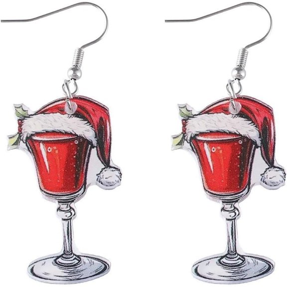 Zephyriana Cute Christmas Red Wine Glass Earrings Funny Christmas Hat Lightweight Acrylic Dangle Drop Earring for Women Xmas New Year Holiday Party Jewelry Gifts