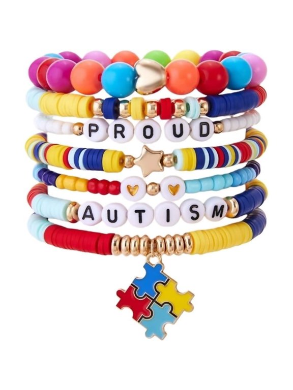 Cute Handmade Autism Awareness Colorful Inspirational Bracelet Autism Puzzle Piece Beaded Stretch Bracelet for Mom Teacher Autistic Supports Encouragement Gift