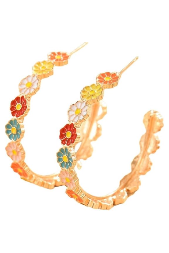 Cute Handmade Coloful Daisy Flower Hoop Earrings Bohemian Floral Enamel Circle Earrings for Women Vintage Boho Jewelry Gift