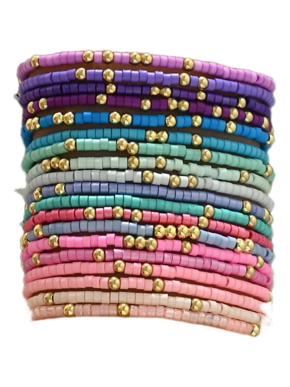 Cute Handmade Colorful Tiny Seed Beads Stackable Bracelets Set Bohemian Gold Beaded Elastic Multilayered Stretch Bracelet for Women Rainbow Surfer Boho Beach Jewelry