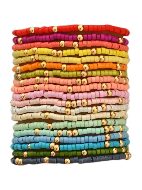 Cute Handmade Colorful Tiny Seed Beads Stackable Bracelets Set Bohemian Gold Beaded Elastic Multilayered Stretch Bracelet for Women Rainbow Surfer Boho Beach Jewelry