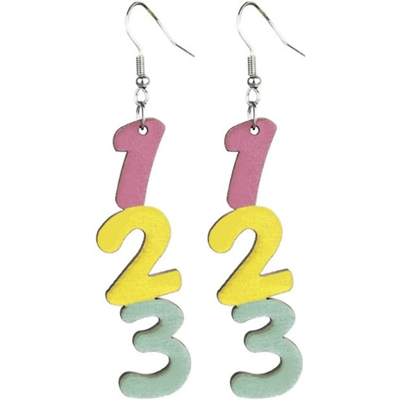 Zephyriana Cute Handmade Letter ABC 123 Teacher Wooden Earrings for Women Funny Colorful Wood Lightweight Teacher Dangle Drop Earrings for Teachers Appreciation Gift-123 Stud