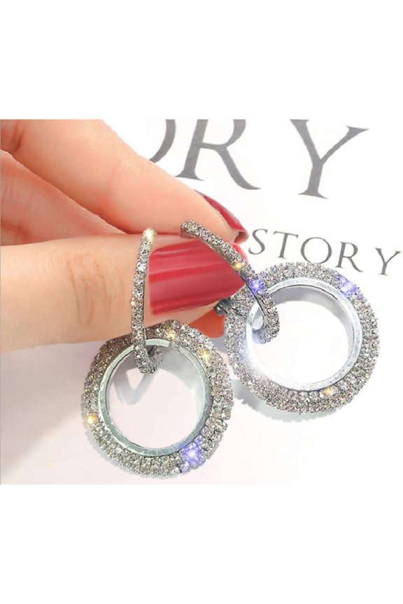 Fashion Rhinestone Double Circle Hoop Earrings for Women Geometric 8 Infinity Round Rings Drop Earrings Party Jewelry Charm (Silver)