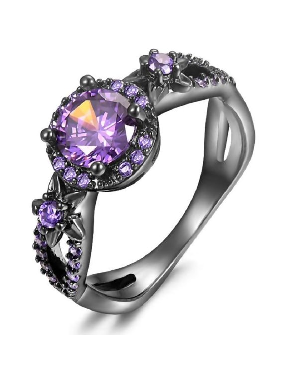 Fashion Rings White Fire Opal CZ Fashion Round Purple Amethyst Ring Women's 10KT Black Gold Filled Wedding AAA Cubic Zirconia Jewelry Size 6-10