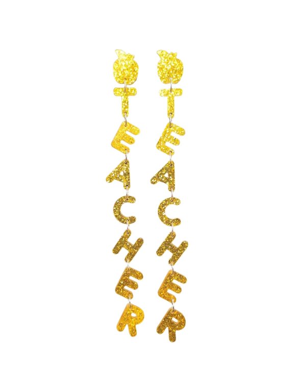 Fun Apple TEACHER Letters Glitter Drop Dangle Earrings for Women 100 Days of School Teacher Sparkling Earrings
