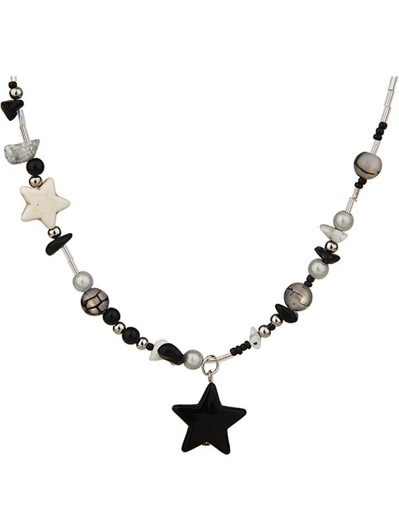 Goth Star Choker Necklace for Women - Thin Chain Aesthetic Beaded Punk Pentagram Design for Rock Concert Cosplay