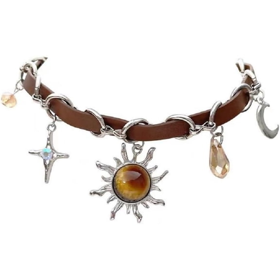Zephyriana Gothic Boho Celestial Sun Choker Brown leather Choker Bohemian Goth Necklace Star Rhinestone Halloween Christmas Jewelry Gift For Women