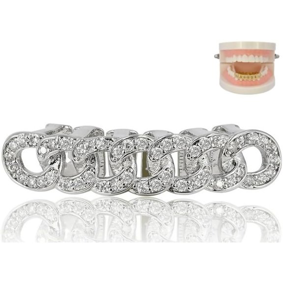 Zephyriana Hip Hop Grillz Micro-Set Zirconia Sparkling Gold Plated Chain Design Adjustable Luxury for Parties Music Events
