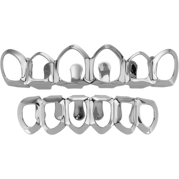 Zephyriana Hip Hop Grillz Teeth Caps Gold Silver 6/8 Teeth Top Bottom Set, Hollow Grillz for Men Women, Rapper Mouth Jewelry, Halloween Cosplay Accessories