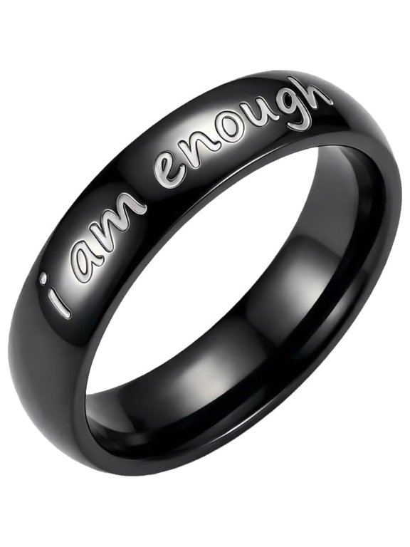I Am Enough Inspirational Text Ring for Unisex | Engraved Handwritten Word, Stainless Steel 4mm Thin Band, Daily Affirmation Jewelry, Motivational Ring