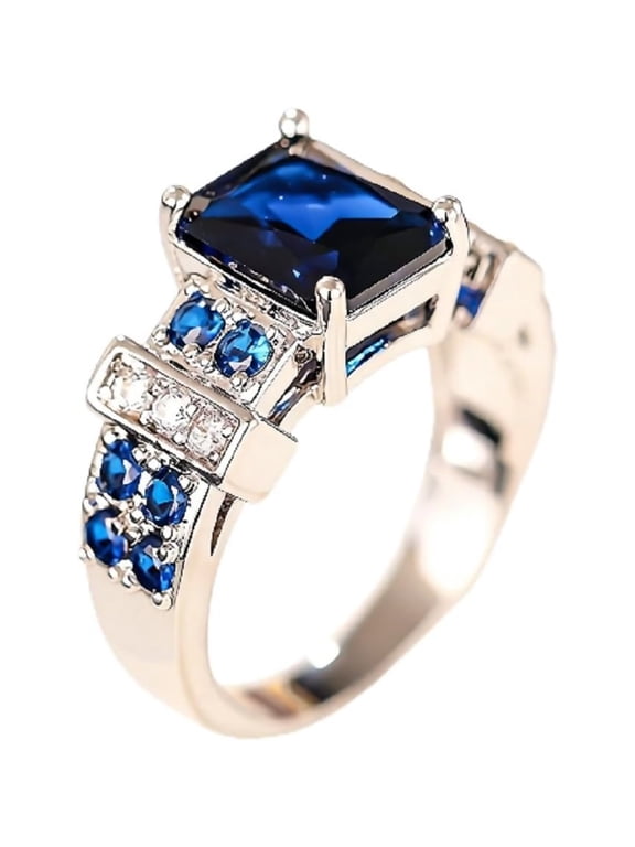 Large Emerald Cut Sapphire Statement Ring, 14K White Gold Plated CZ Promise Ring, September Birthstone Wedding Band Bold Statement Bridal Jewelry for Women
