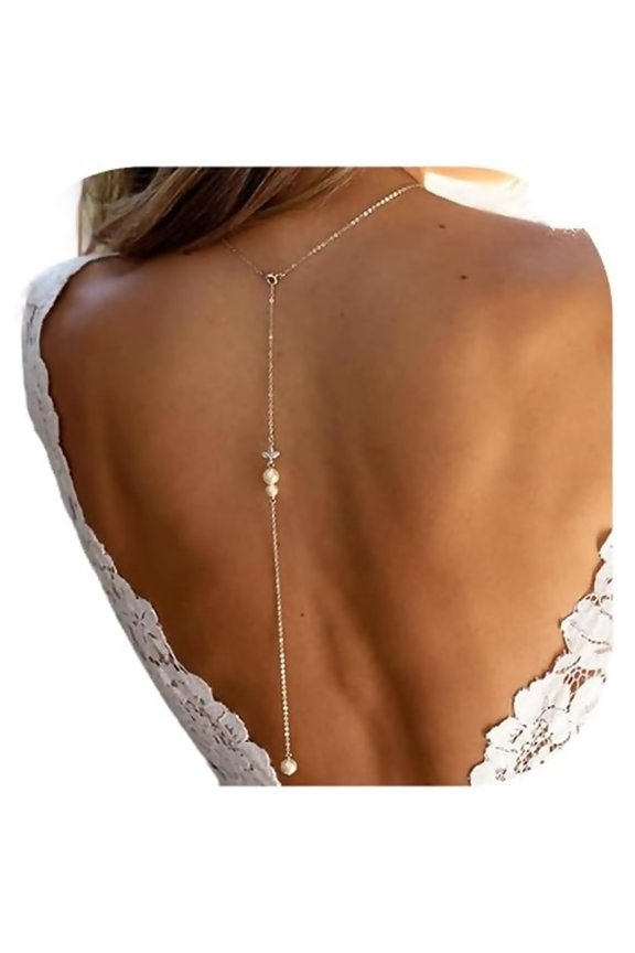 Long Pearl Rhinestone Back Chain Jewelry Wedding Bridal Pearl Back Necklace Bikini Crystal Backless Backdrop Jewelry for Women Party
