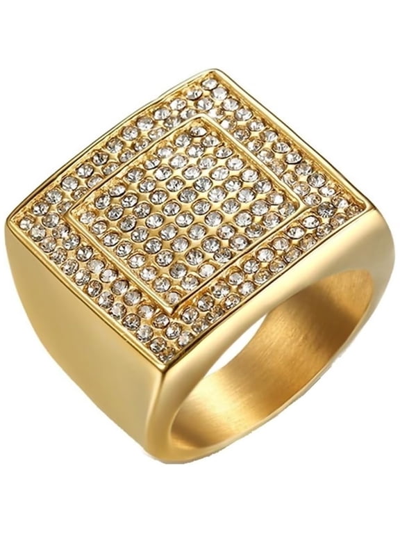 Men's Gold Plated Square Signet Ring Cubic Zirconia Inlaid Bling Retro Hip Hop Punk Iced-Out Ring Jewelry for Women and Men