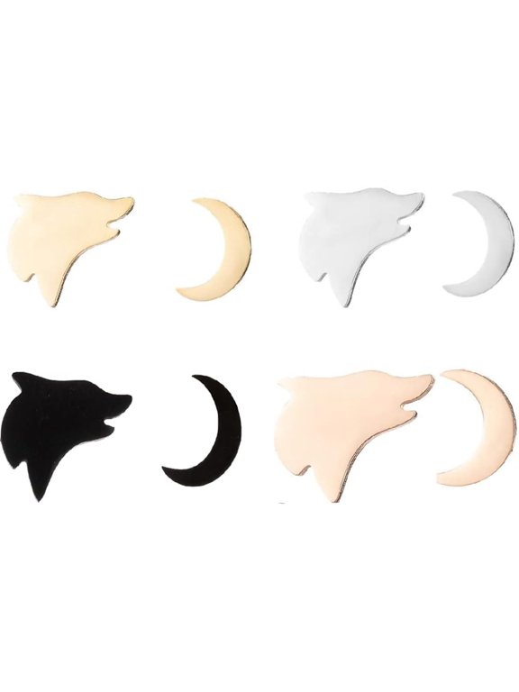 Moon Crescent Stud Earrings for Women Stainless Steel Howling Wolf Dog Animal Earrings Jewelry Gift 4 Pairs Set