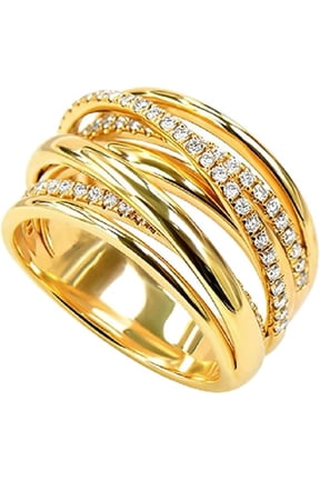 Multi-Layer Crossover Statement Ring,14K Gold Plated Cubic Zirconia Pave Wide Band, Sparkly Stackable Elegant Multi-Layer Cocktail Ring for Bridal
