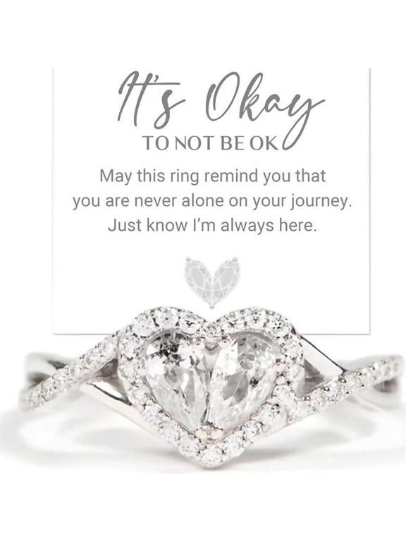 It's Okay Dual Teardrop Heart Ring, Silver Cubic Zirconia Teardrop Emotional Support Ring,Two Teardrops Joined Heart-Shaped Wedding Rings, Promise Rings for Women