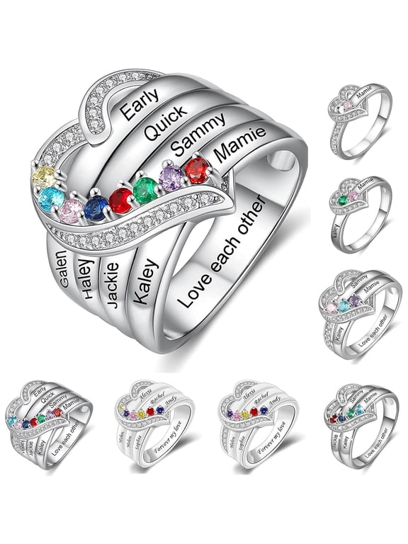 Personalized 1-8 Name Birthstone Rings, Custom Name Ring Wedding Family Mother Days Birthday Jewelry Gifts for Women Grandma Mom