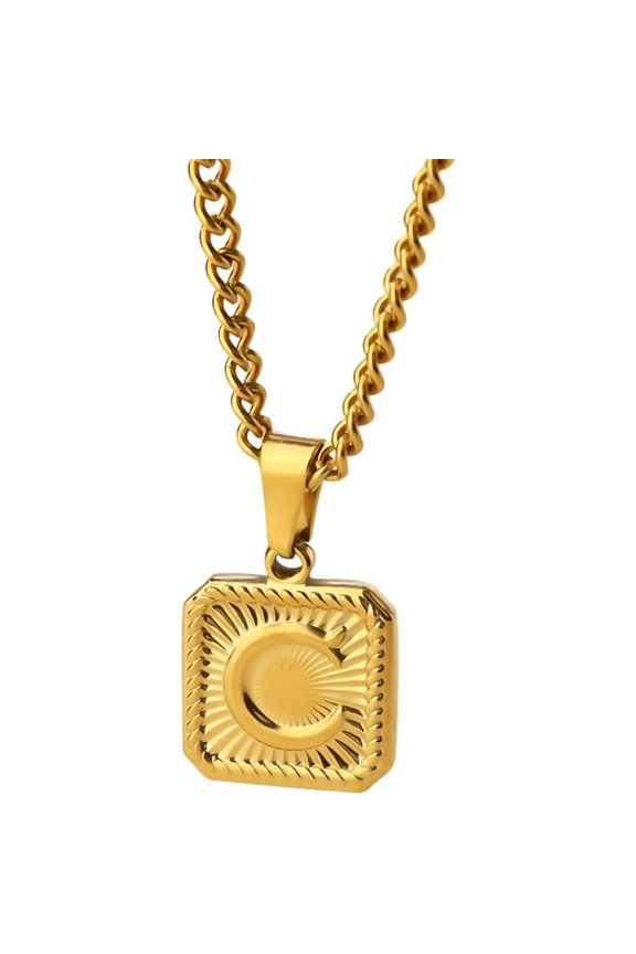 Personalized Embossed Initial A-Z Pendant Necklace for Women Men | Sunburst Textured Square Letter Charm, Gold Plated Stainless Steel, Hip Hop Thin Cable Stackable Accessory