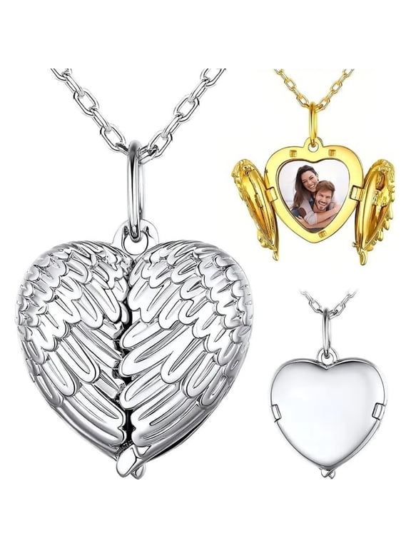 Personalized Heart Locket Necklace with Angel Wings Custom Photo Pendant with Picture Inside, Memorial Keepsake Jewelry for Women, Gift for Mom Wife