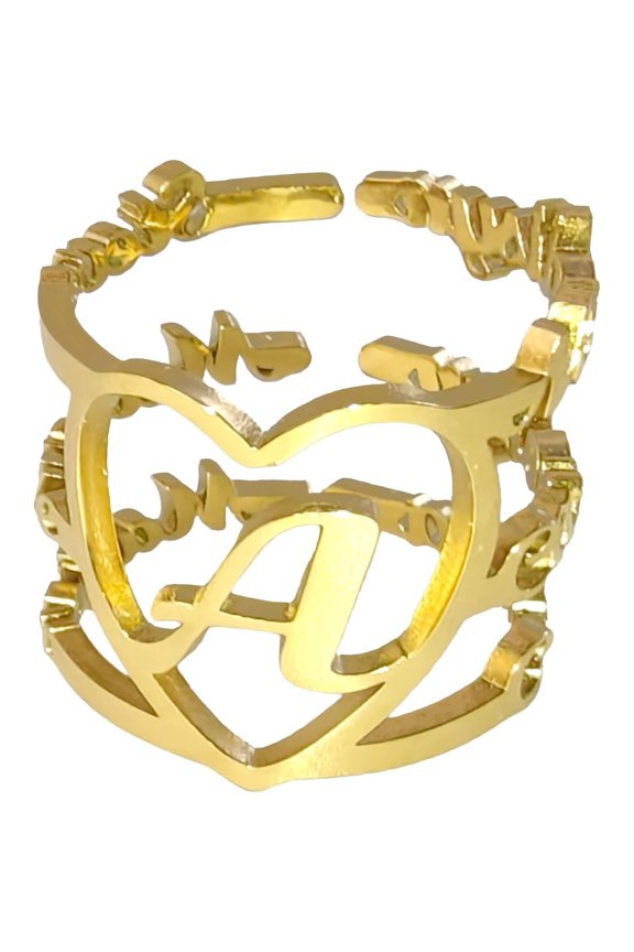 Personalized Initial and 1-6Name Ring Custom Heart-Shaped Gold Band with Engraved Letters, Adjustable Gift for Women, Anniversary, Birthday Jewelry