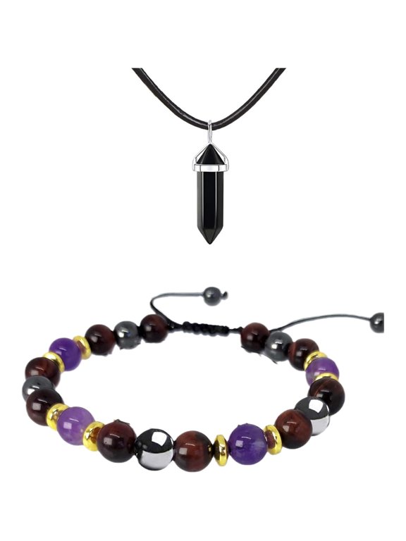 Protection Bracelet With Necklace Adjustable Healing Crystal Beads Bracelet Black Obsidian Hematite Red Tiger Eye Purple Amethsyt Hematite Bracelet Set for Men Women