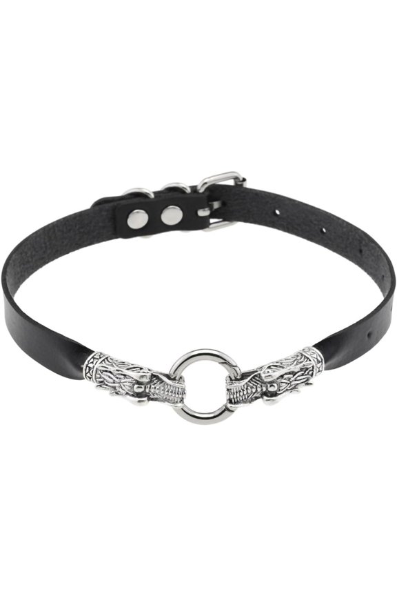 Punk Dragon Choker PU Leather Collar Gothic Metal Ring Necklace Adjustable Size Neck Accessories