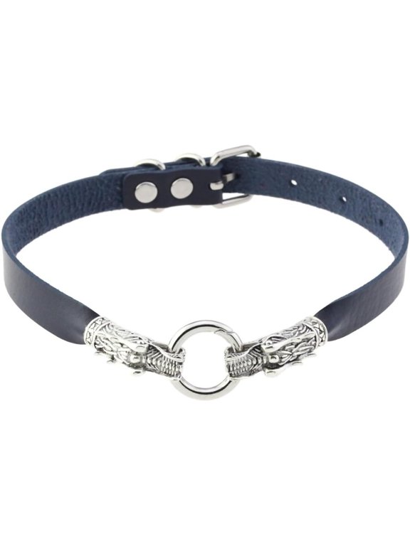 Punk Dragon Choker PU Leather Collar Gothic Metal Ring Necklace Adjustable Size Neck Accessories