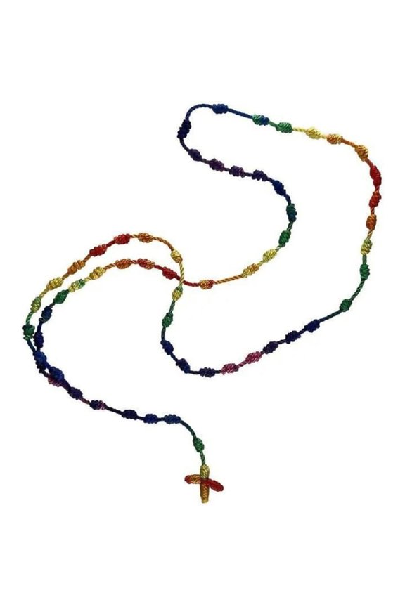 Religious Handmade Rosary Cross Pendant Long Braided String Knotted Catholic Religion Adjustable Colorful Cord Rope Necklace Lucky Protection Keepsake Jewelry for Women Men