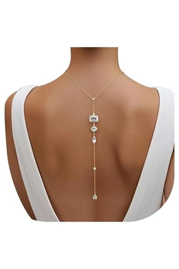 Rhinestone Back Chain Necklace Body Chain for Women Backless Dress Wedding Bridal Droplet Pendant Backdrop Jewelry