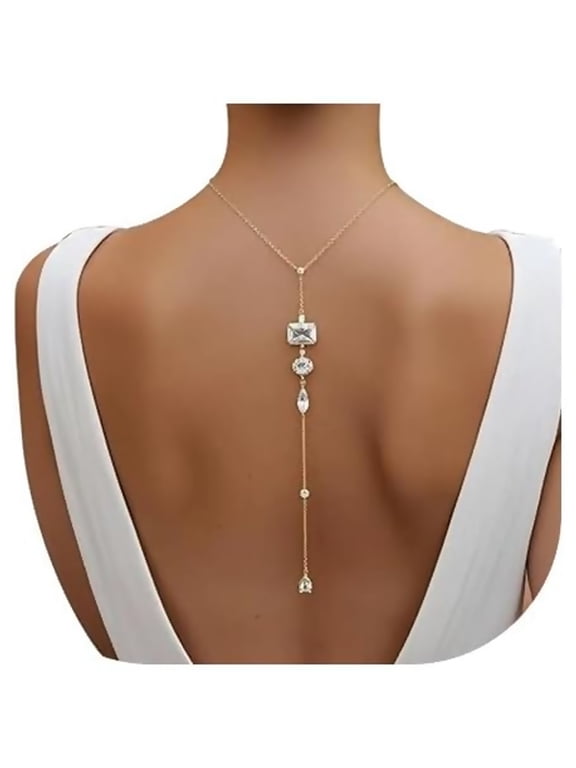 Rhinestone Back Chain Necklace Body Chain for Women Backless Dress Wedding Bridal Droplet Pendant Backdrop Jewelry