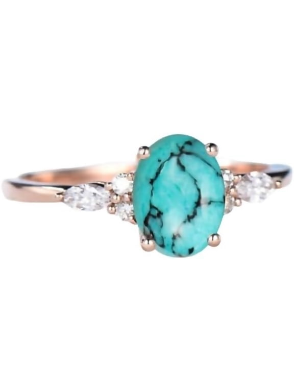 Rose Gold Oval Turquoise Ring for Women, Simulated Turquoise with Crystal Western Boho Statement Ring