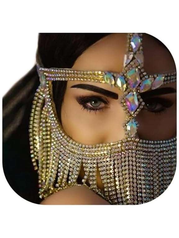Sexy Full Rhinestone Tassel Mask Face Jewelry for Women Crystal Face Chain Jewelry Head Hair Chain for Costume Carnival Club Masquerade
