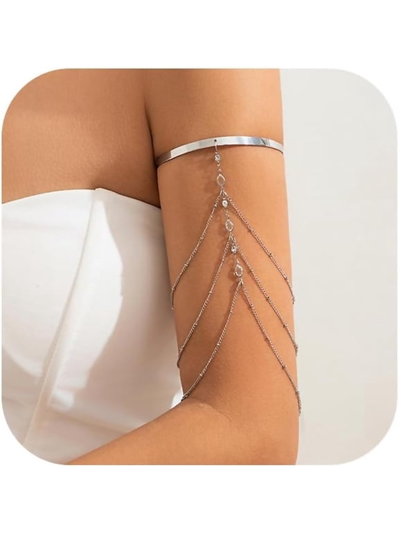 Simple Crystal Bead Tassel Upper Arm Chain Bracelet Multi-layered Bikini Armlet Rhinestone Adjustable Open Arm Cuff Bangle Bracelets Summer Beach Body Jewelry for Women