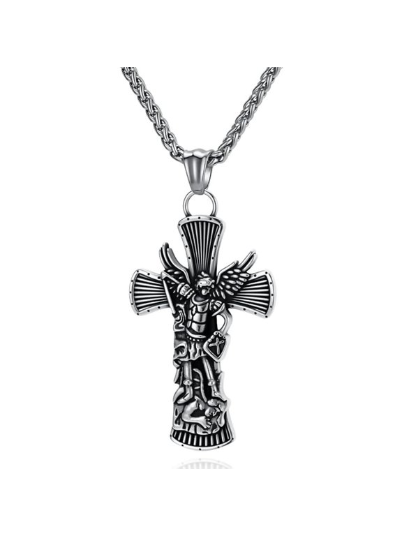 Stainless Steel Archangel Michael Cross Necklace for Men Women, Religious Angel Pendant Necklace, Gold Silver Black Tone Christian Faith Jewelry Gift for Daily Wear