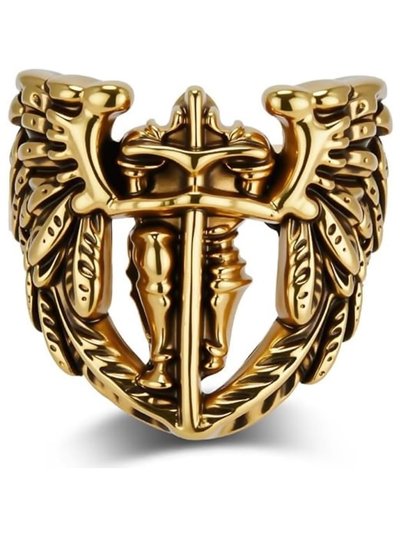 Stainless Steel Archangel Michael Ring for Men Women, Shield Cross Angel Statement Ring, Gold Silver Tone Religious Faith Ring, Vintage Stainless Steel Jewelry Gift