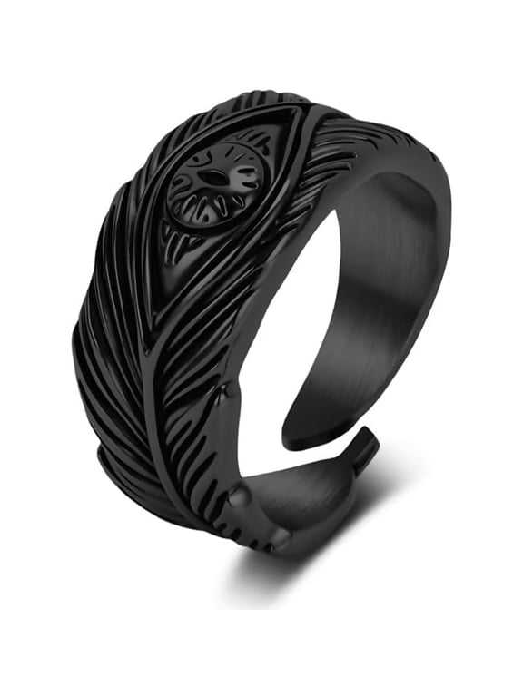 Stainless Steel Feather Ring for Men Women, Adjustable Open Band Ring, Vintage Tribal-Inspired Wide Ring, Gold Silver Black Statement Jewelry Gift for Daily Wear