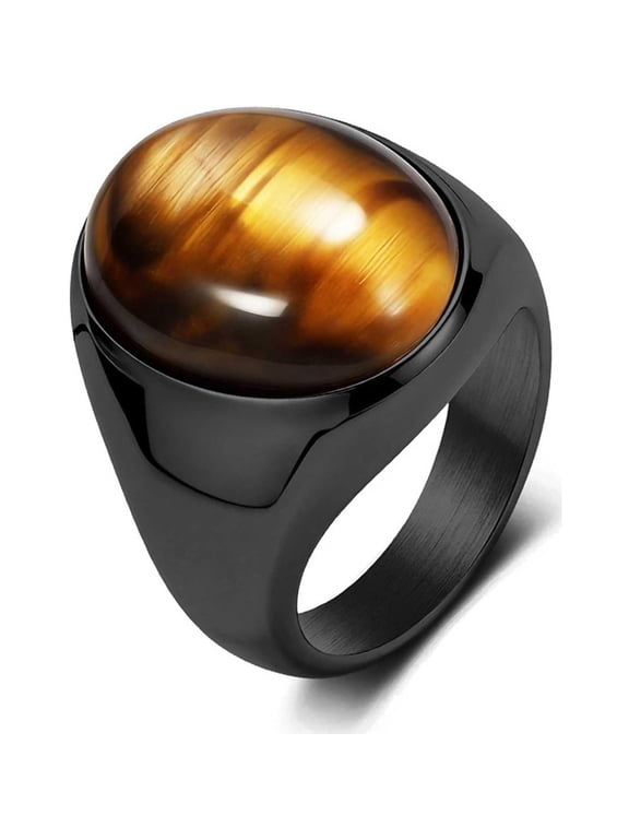 Stainless Steel Tiger Eye Obsidian Ring for Men Women, Oval Stone Signet Ring, Gold Silver Black Tone Stainless Steel Statement Jewelry Gift for Daily Wear
