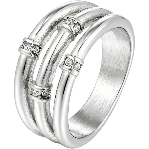 Zephyriana Three-Layer Micro Pavé Zirconia Ring for Women | Stainless Steel Vintage Interlocking Band, Party Prom Cocktail Stackable Finger Jewelry, Double Stud Gem Accent Ring
