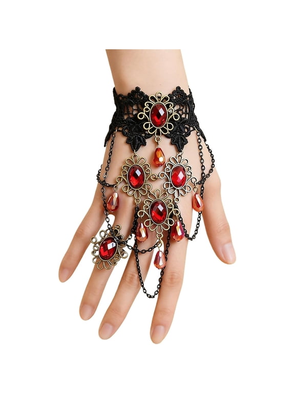 Vampire Sparkly Bracelet for Women - Lace Chain Metal Punk Gothic Belly Dancer Bride with Finger Ring