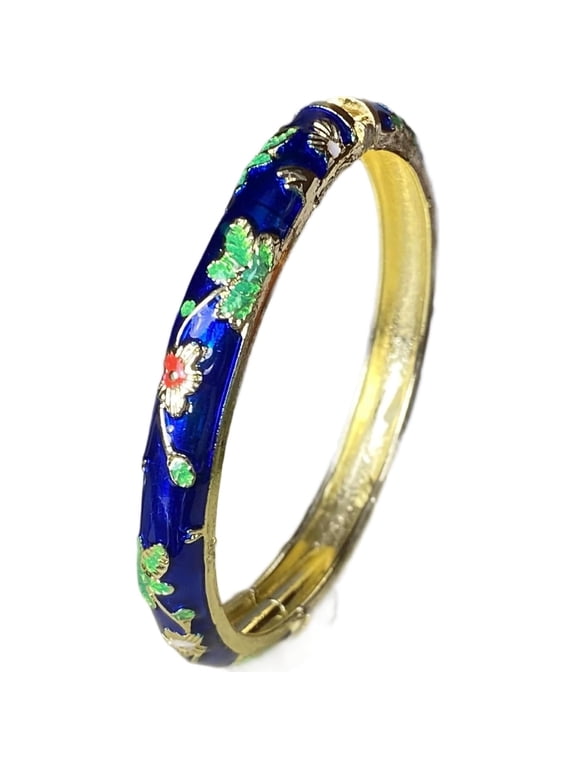 Vintage Floral Enamel Bangle Bracelet Chunky Cloisonne Handcrafted Enameled Bracelets Gold Tone Hinged Cuff for Women