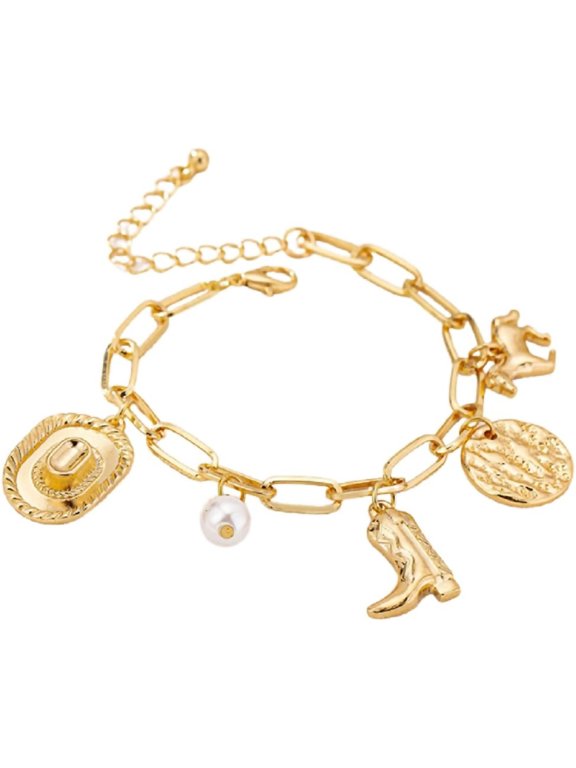 Western Dainty Gold Bracelets Boho Coin Pendant Chain Bracelet Punk Cowgirl Boot Horse Bracelet Handmade Adjustable Charm Jewelry for Women