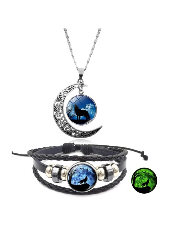 Wolf Necklace Bracelet Geometric Hollow Moon Crescent Necklace Glowing Wolf Time Gem Bracelet Necklace for Women Men Teen Wolf Jewelry Gift