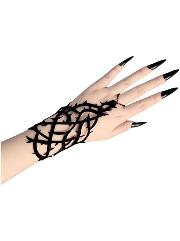 Women Goth Vintage Lace Cutout Bracelet - Emo Graphic Gothic Witchy Finger Ring, Biker Belly Dancer