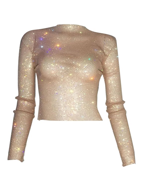 Women Perspective Fishnets Long Sleeve Bodycon Crop Top Glittering Rhinestones Body Chain Sheer Net T-Shirt Coverup