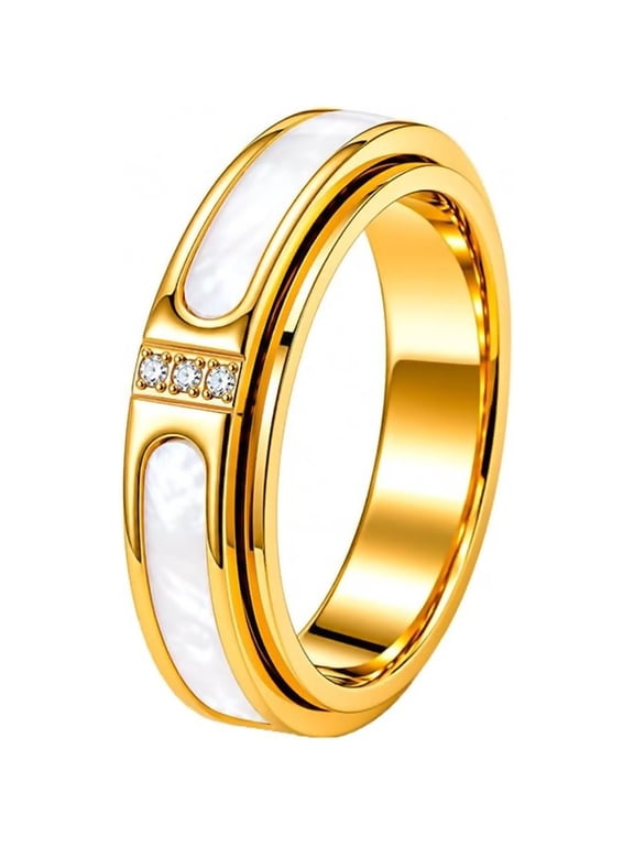 Women's Gold Tone White Mother of Pearl Ring | Dainty CZ Stone, Minimalist Wedding Engagement Band
