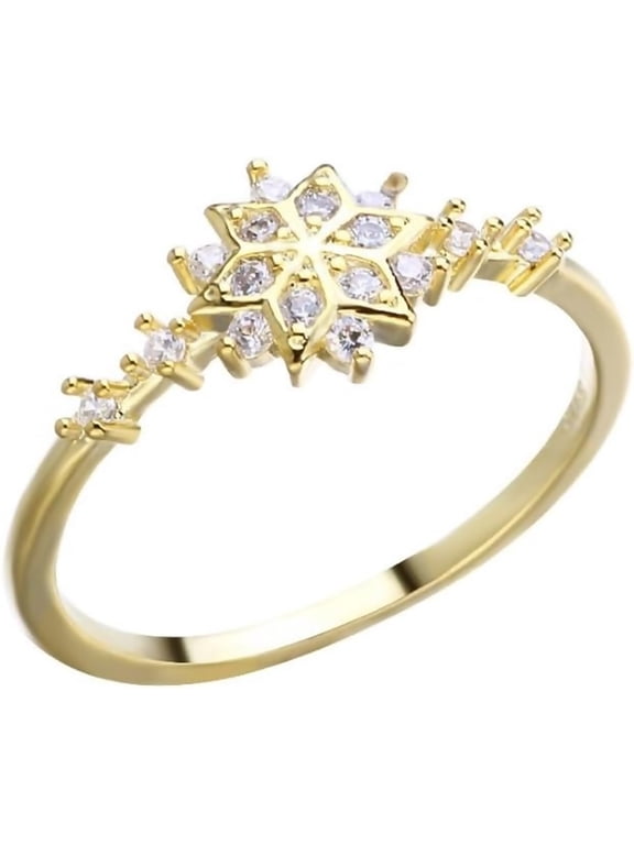 Womens Gold Tone Snowflakes Eternity Ring Engagement Wedding Band Thin Finger Ring Cubic Zirconia Promise Halo Engagement Ring Size 6-10 (Size 6)