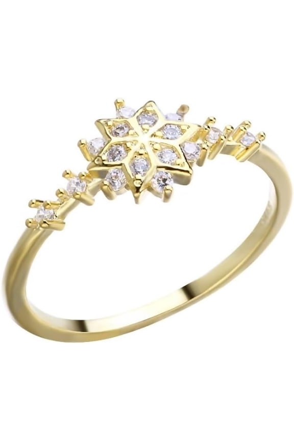 Womens Gold Tone Snowflakes Eternity Ring Engagement Wedding Band Thin Finger Ring Cubic Zirconia Promise Halo Engagement Ring Size 6-10 (Size 6)