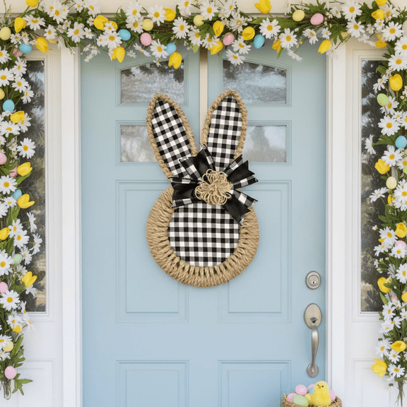 Zephyrn Farmhouse Easter Bunny Wreath, Black and White Buffalo Check Plaid with Jute Rope Trim, Rustic Door Hanging Decoration for Spring Holiday